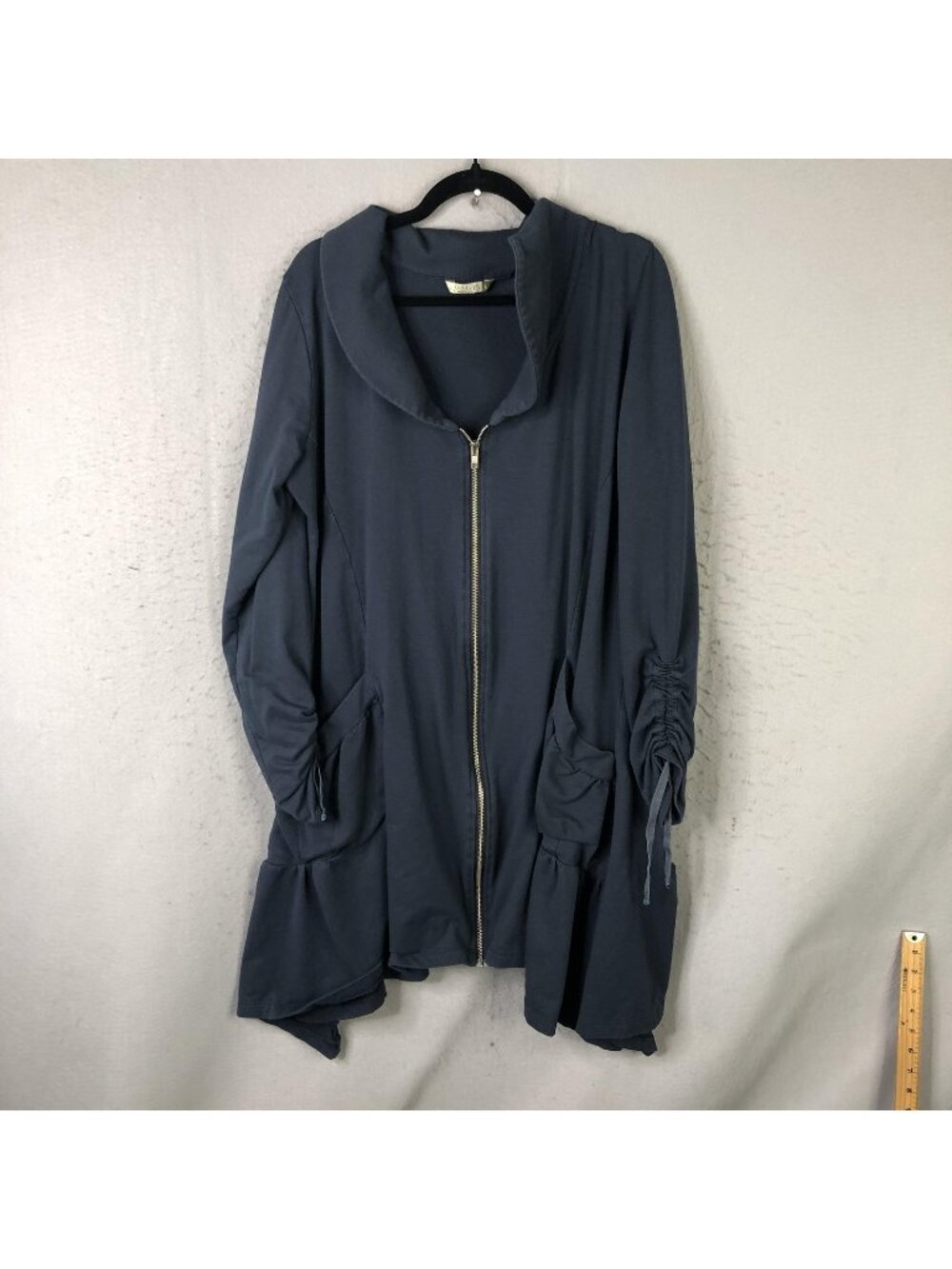 Chalet Jacket Womens L Blue Cotton Modal Zip Ruffle Hem Pockets Artsy Lagenlook